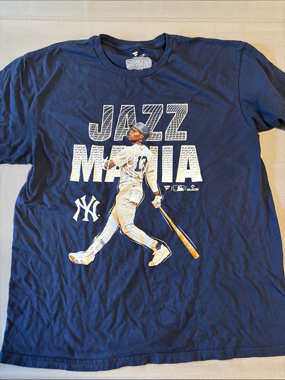 Fanatics Navy Blue "Jazz Mania" NY Yankees Baseball Graphic Tee sz M EUC
